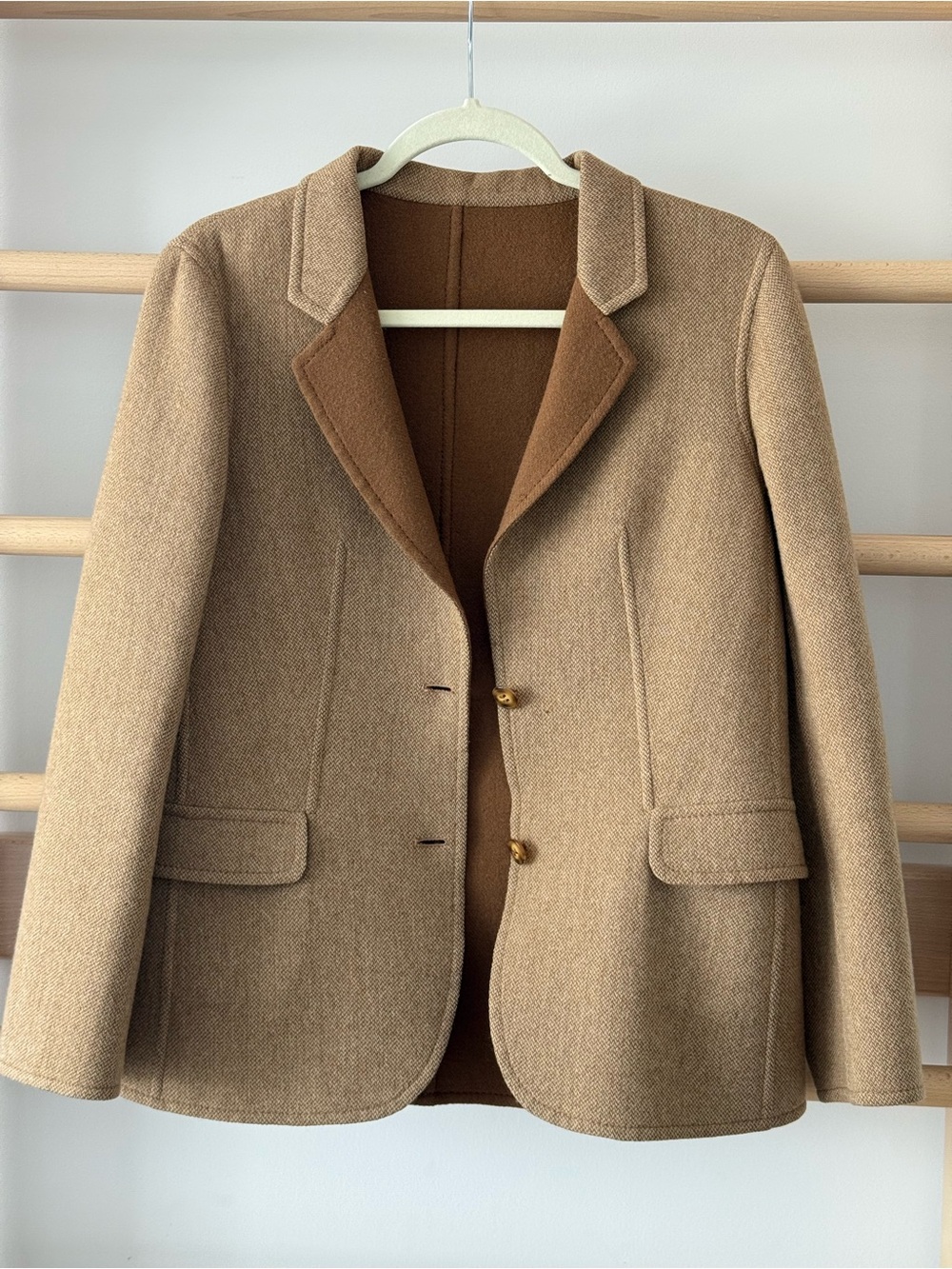 Double-Faced Wool Tweed Blazer Jacket in Warm Tan & Camel